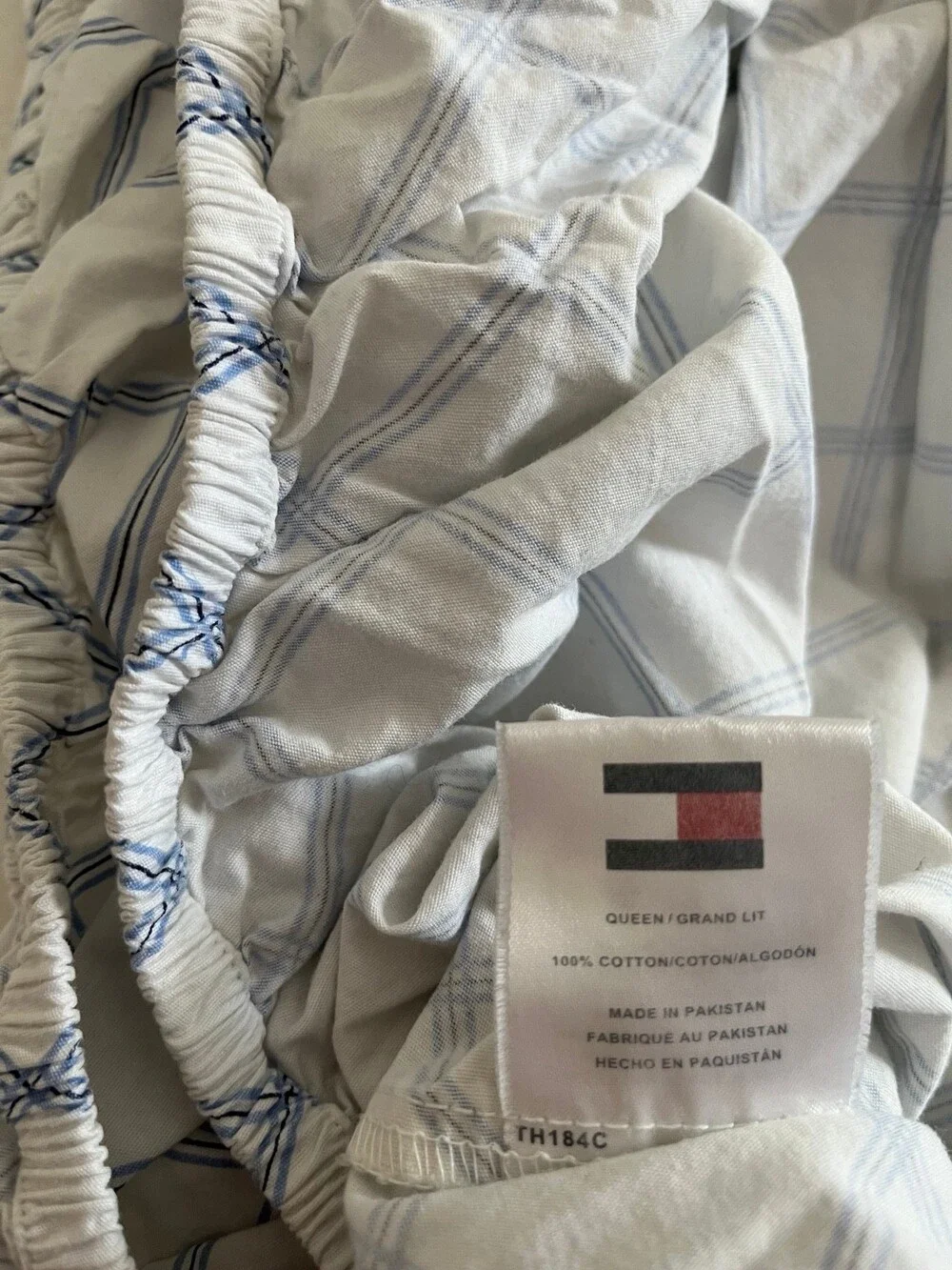 Tommy Hilfiger Queen Fitted Bed Sheet Lot Navy Blue White Plaid 100% Cotton Y2K